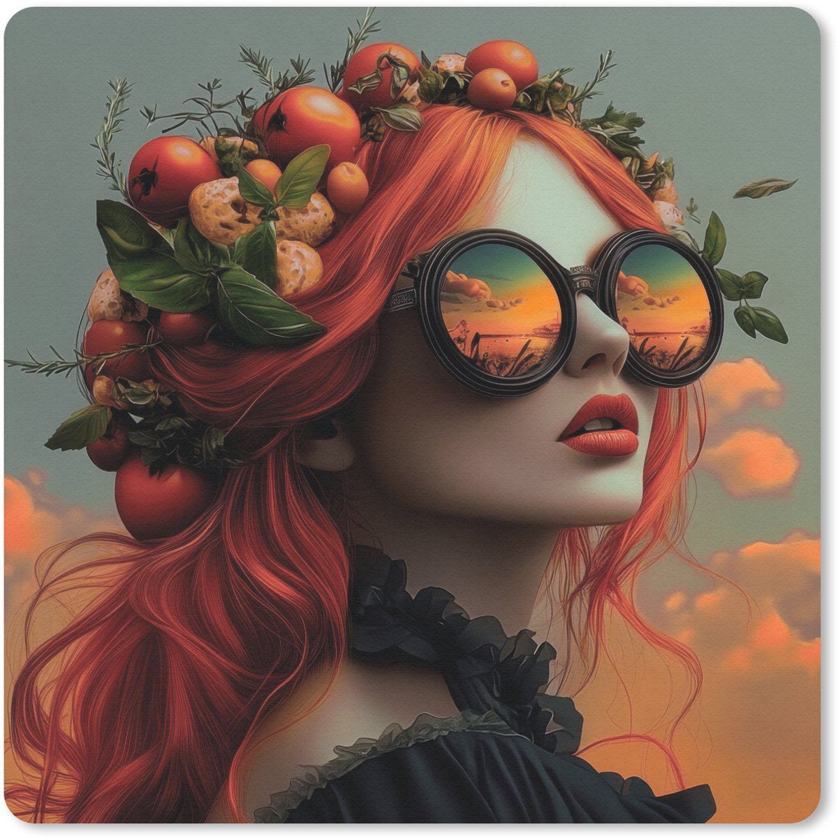 Muismat 20x20 cm - Mousepad Vrouw - Kroon - Tomaat - Bascilicum - Zonnebril - Muismatten