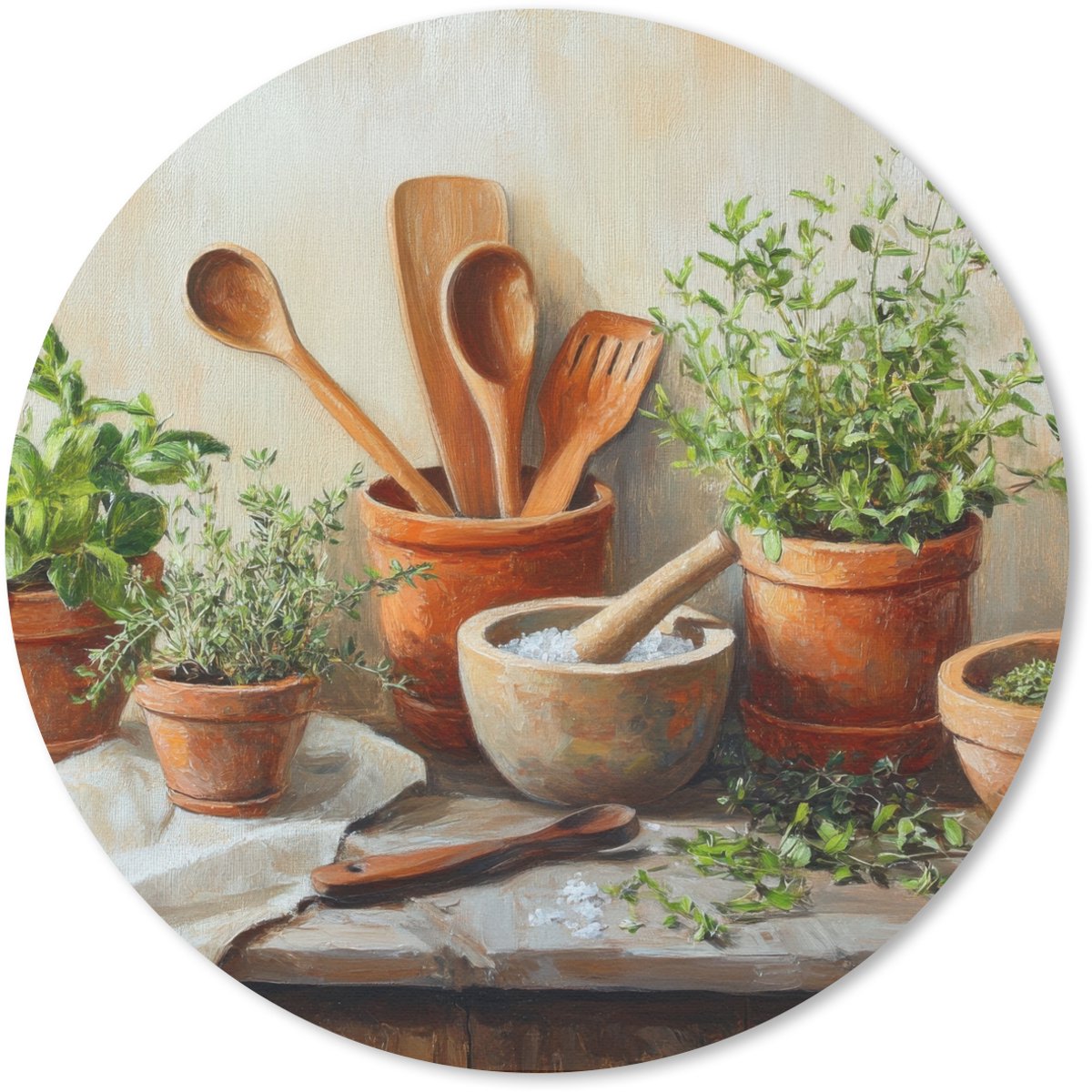 Muismat rond 40x40 cm - Mousepad Potten - Kruiden - Hout - Ronde muismatten
