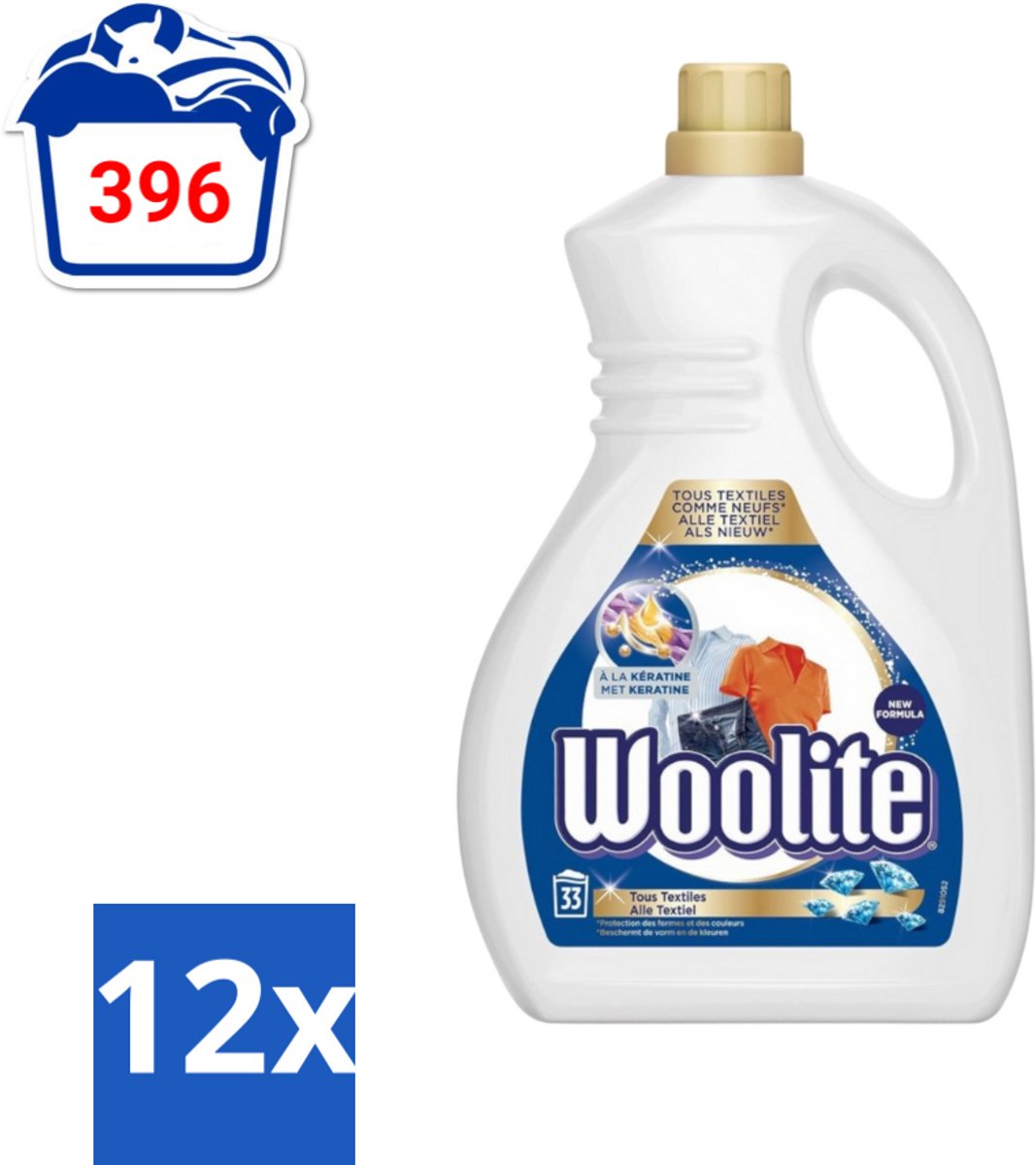 Woolite Textile - Vloeibaar Wasmiddel - Met Keratine - Textiel Was - 33 Wasbeurten - 2L - Voordeelverpakking - 12 stuks