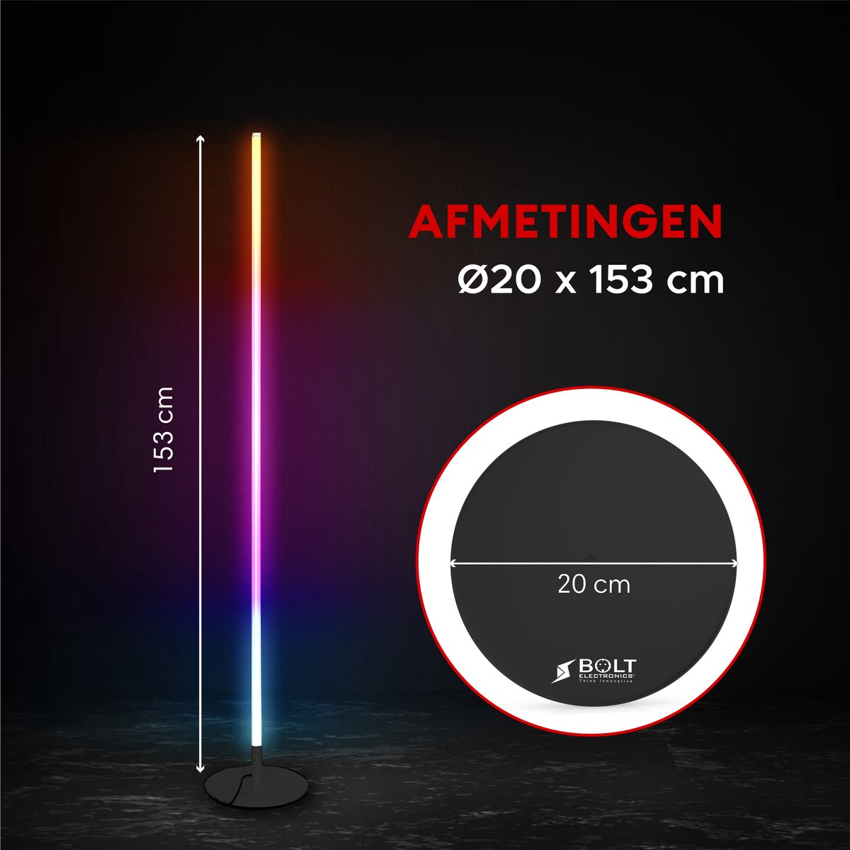 Bolt Electronics® Vloerlamp - Staande Lamp - Woonkamer - 4 Lichtsterktes - RGB Licht - Zwart thumbnail 5