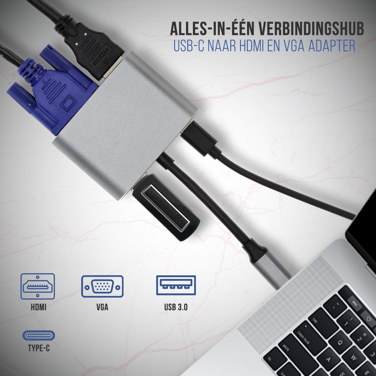 USB-C naar HDMI VGA Adapter 4-in-1 4K UHD 60Hz USB 3.0 5Gbps USB-C PD 87W opladen voor laptop tablet smartphone - Afbeelding 2