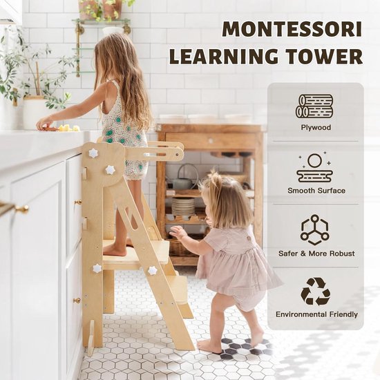 Labebe Montessori Leertoren vanaf 1 jaar, met bord, 3-in-1 multifunctionele leertoren, inklapbaar, omvalbeveiliging, kleurgeblokkeerde opstapkruk, kinderen, wit en hout
