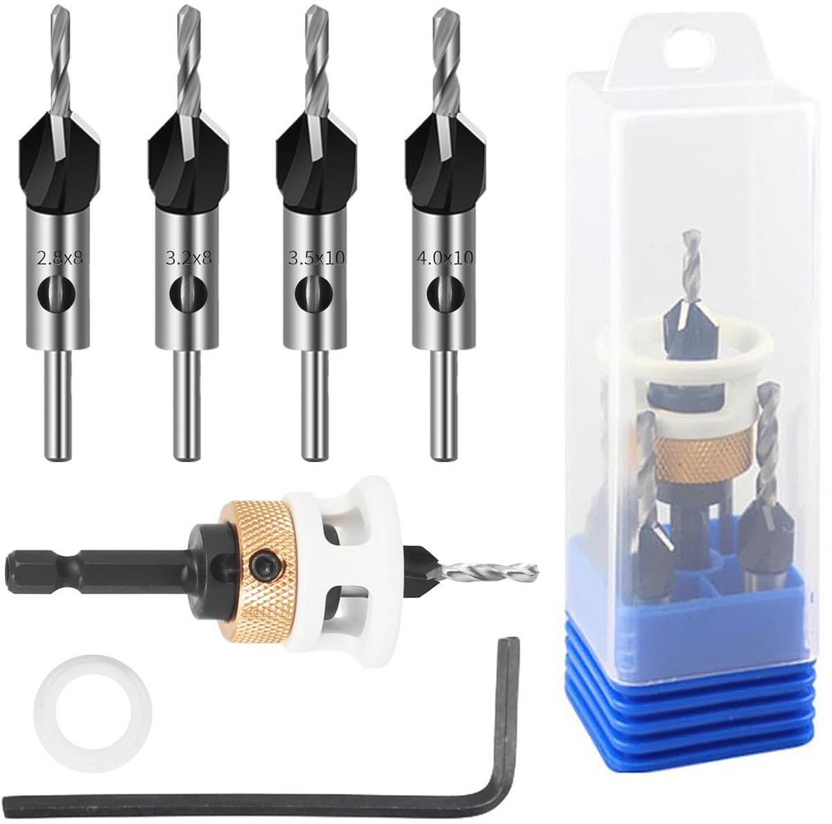 Verzinkboorset 6-delig met Diepteaanslag en 1/4 inch Hex-Schacht voor Houtbewerking