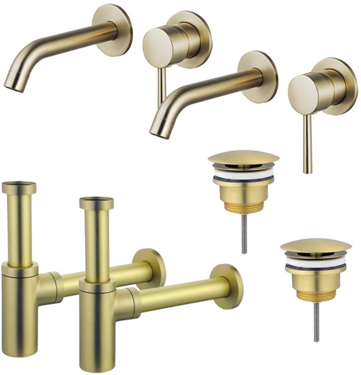 FugaFlow Eccelente Sobrado Badkamer Slim Wastafelkraanset - voor dubbele wastafel - inbouw wastafelkraan - always open plug - design sifon - PVD Geborsteld Messing