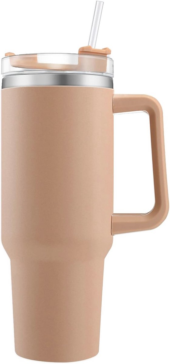 Dubbelwandige roestvrijstalen thermobeker met handvat en rietje voor koude en warme dranken