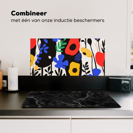 Spatscherm keuken 70x30 cm - Kookplaat achterwand Bloemen - Bladeren - Abstract - Zwart - Muurbeschermer - Spatwand fornuis - Hoogwaardig aluminium