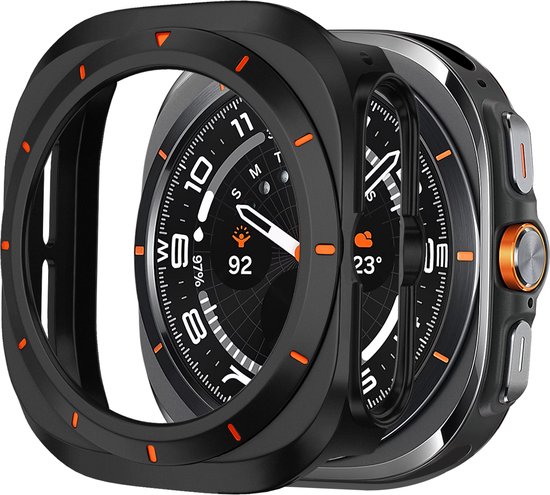 Bandz hard case hoesje met bezel - geschikt voor Samsung Galaxy Watch Ultra / Ultra 2025 - beschermhoes met wijzerplaat - Stevig plastic materiaal (zwart/oranje)