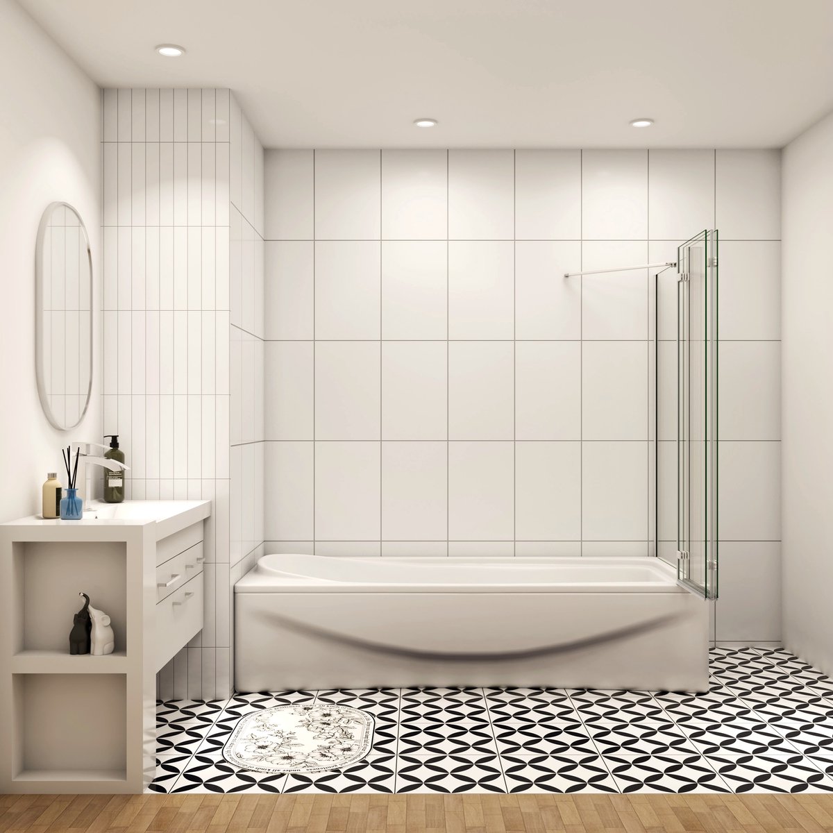 130x70x140cm Badscherm Badwanden Badwand 3 panelen vouwbaar met vast zijwand,6mm NANO helder ESG-veiligheidsglas-mat wit profiel