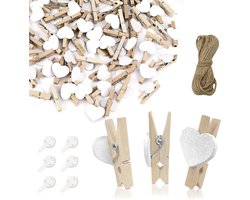 Mini houten klemmen met jute koord - Decoratieve clips voor bruiloften, fotohouders en knutselprojecten (50 stuks)