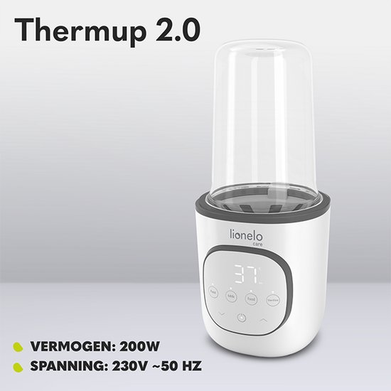 Witte "Thermup 2.0" flesverwarmer met transparante deksel. Vermogen: 200W. Spanning: 230V ~50 HZ.