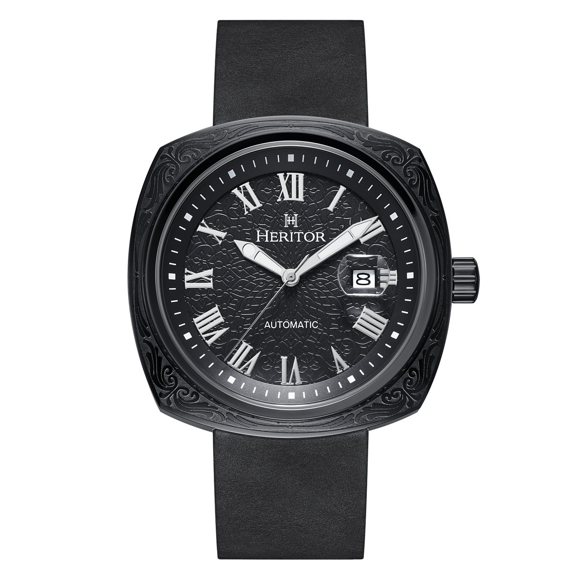 Heritor Automatic Davenport horloge met gegraveerde kast en leren band en datum - Zwart