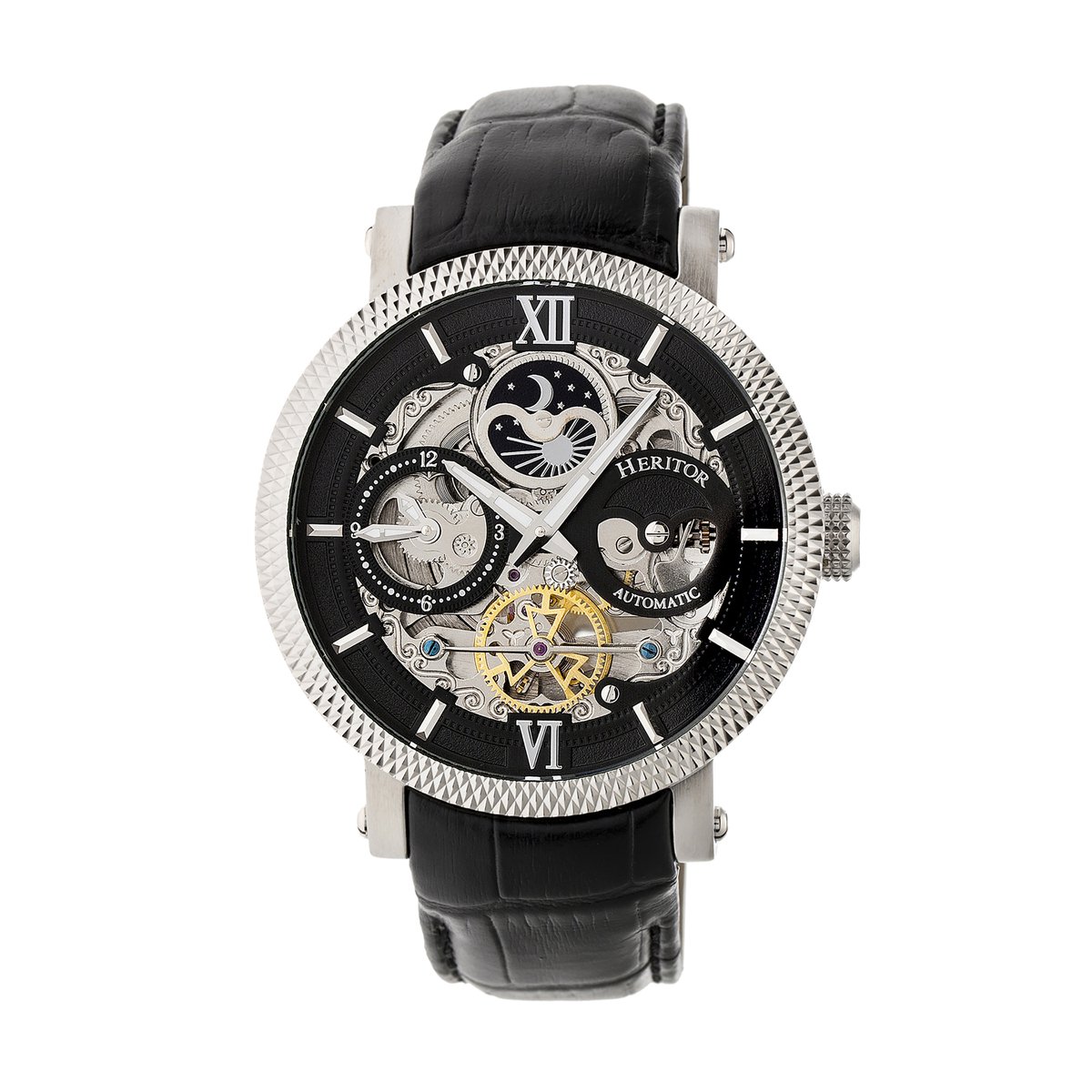 Heritor Automatic Aries Skeleton leren band horloge - Zwart