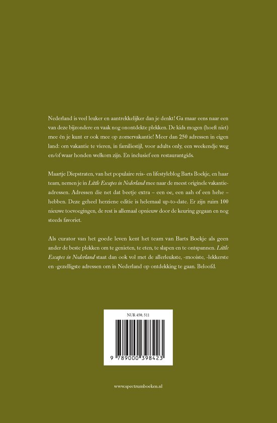 Achterkant van het boek 'Little Escapes in Nederland' met een ISBN-nummer en website.
