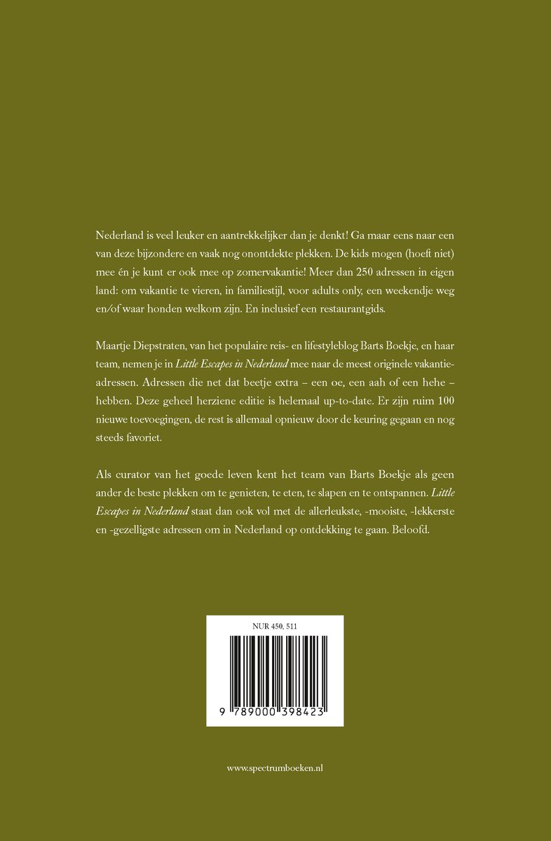 Achterkant van het boek 'Little Escapes in Nederland' met een ISBN-nummer en website.