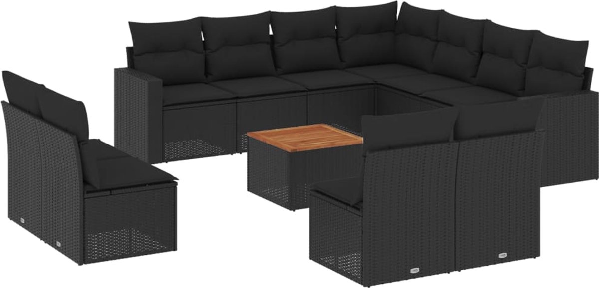 The Living Store 12-delige Loungeset met kussens poly rattan zwart - Loungeset - Lounge Set - Tuinlounge - Buitendining - Outdoor Furniture
