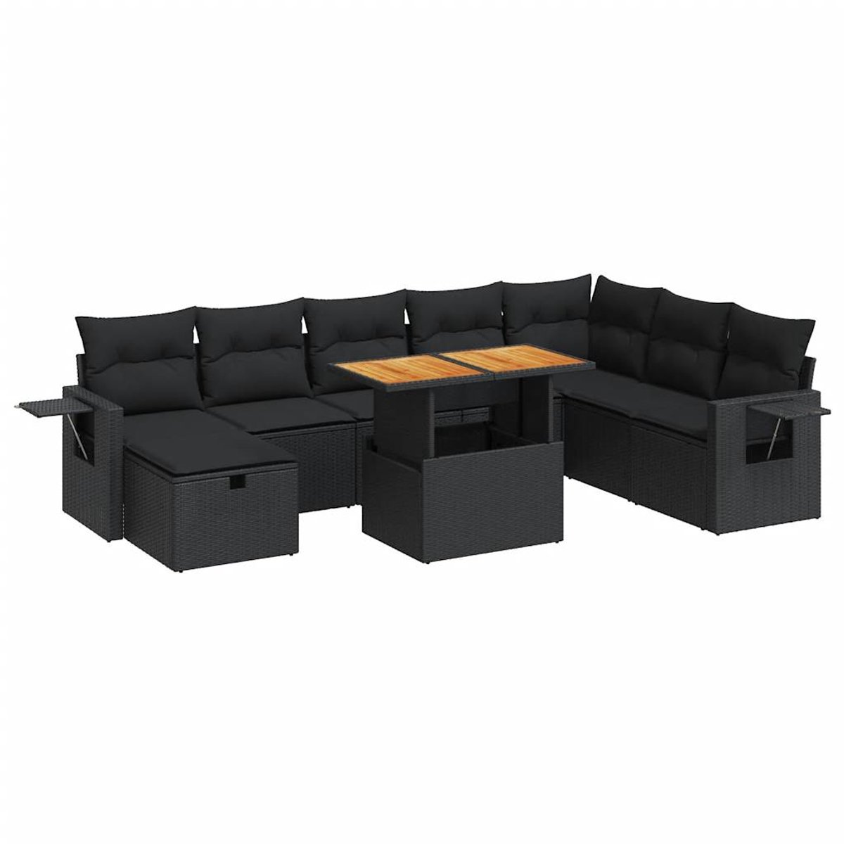 The Living Store 9-delige Loungeset met kussens poly rattan acacia zwart - Loungebank - Lounge Set - Tuinset - Outdoor Furniture - Tuinmeubelen