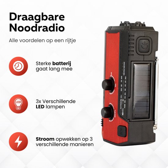 Draagbare rode noodradio met zonnepaneel, sterke batterij, 3 LED-lampen en de mogelijkheid om stroom op te wekken op 3 manieren.