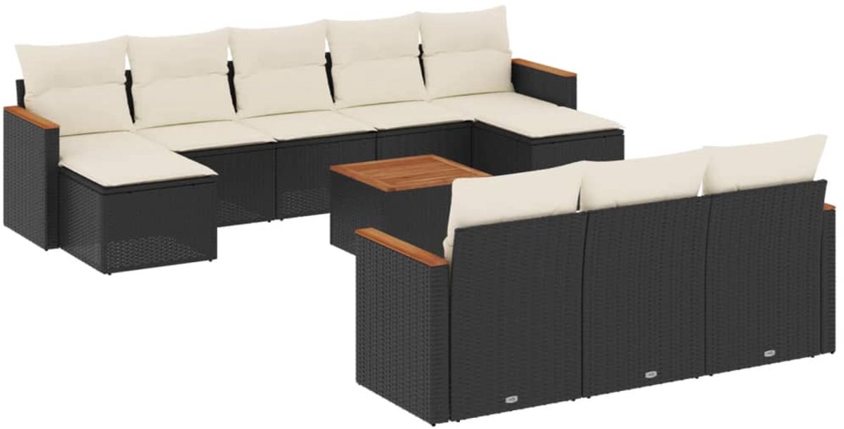 The Living Store 11-delige Loungeset met kussens poly rattan zwart - Loungebank - Lounge Set - Tuinlounge - Buitentijnen - Outdoor Furniture