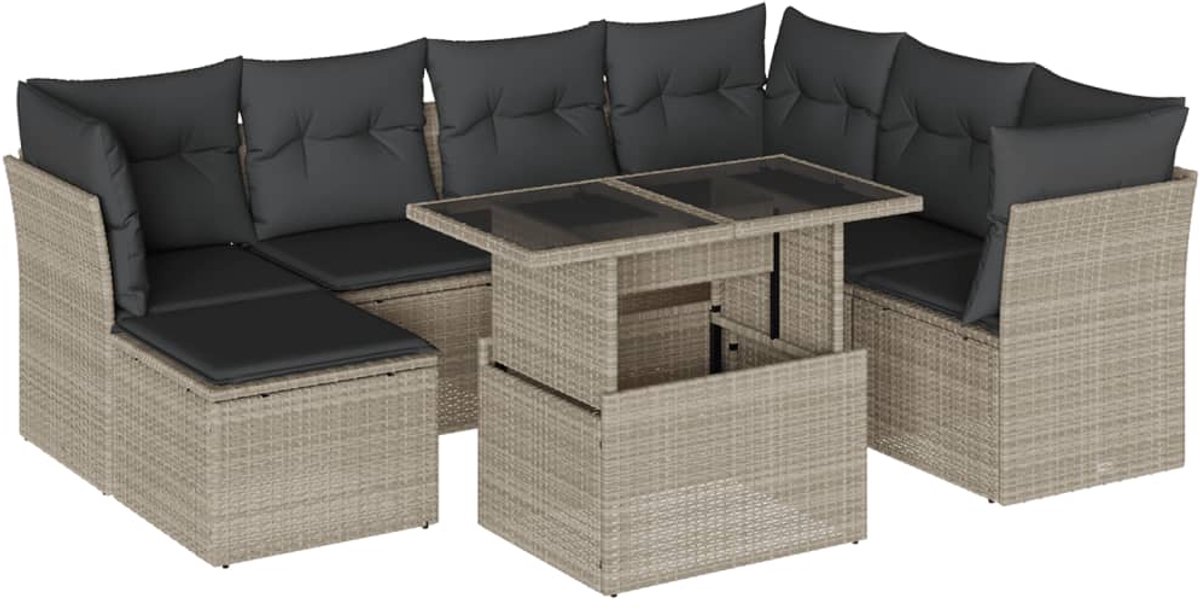 The Living Store 8-delige Loungeset met kussens poly rattan lichtgrijs - Loungebank - Lounge Set - Tuinmeubels - Buitendecoratie - Pe Rattan
