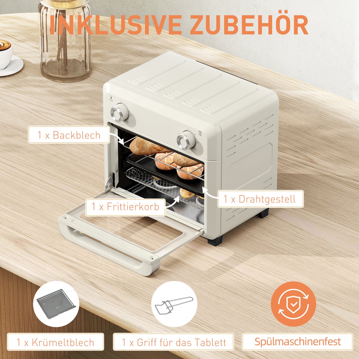 ZYLARO mini Airfryer oven - Vrijstaande Elektrische Oven - AirFryer, Bakken, Grillen en meer - 10 Liter - 1000 Watt - Vintage crème wit – foto 3
