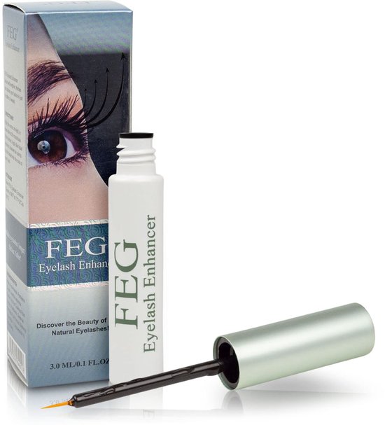 FEG Eyelash Enhancer serum met applicator en verpakking. Toont een oog met lange wimpers.