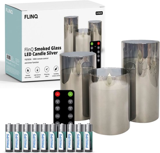 FlinQ LED Kaarsen met Bewegende Vlam in Smoked Glass - Inclusief Batterijen en Afstandsbediening met Timer en Dimfunctie - Nep Kaarsen met Flikkerende Vlam - Dinerkaarsen - 3 stuks- Zilver