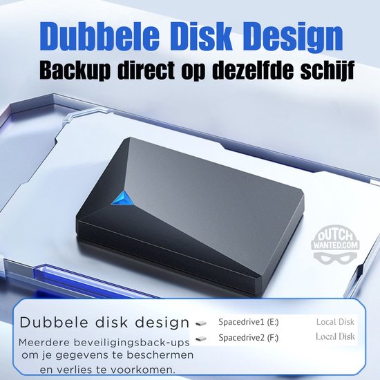 Dutch Wanted Double- HDD Externe Harde Schijf - Snelle writing speed - 1TB (2x 500GB) dubbele schijf van 2x 500GB voor directe back up - Plug and play - Opslag extern pc of laptop - USB 3.2 - Zwart — afbeelding 3