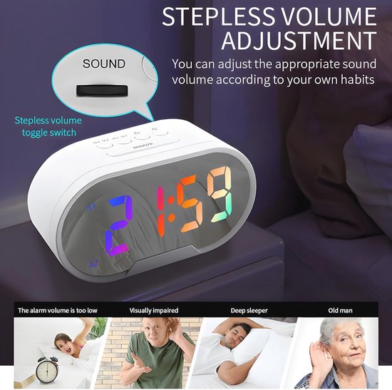 Digitale led-wekker met groot 5,5 inch display en spiegeloppervlak - Instelbaar alarm met USB-poorten — afbeelding 3