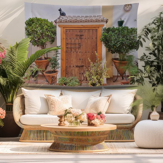 Ulticool - Deur Planten Kat - Wandkleed Poster - 200x150 cm - Groot wandtapijt - Tuinposter Tapestry - Schilderij Decoratie Tuin Versiering Accessoire voor zowel buiten als Muurdecoratie in woonkamer