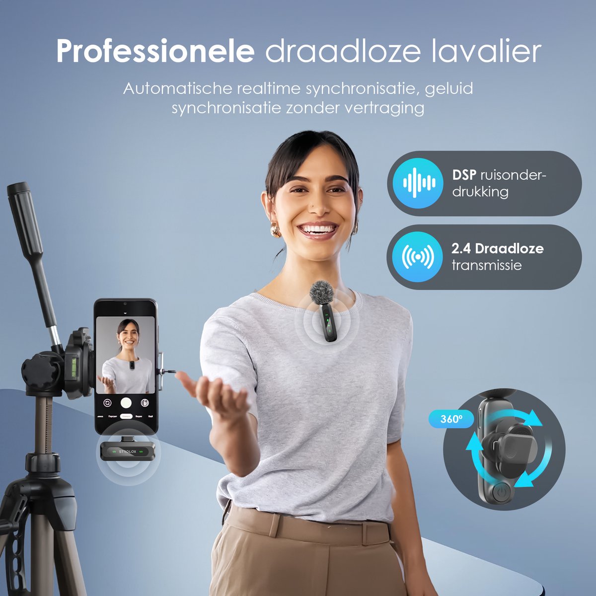 Strolox® Draadloze Microfoon Pro - 2 Stuks - Lavalier - Windshields - Dasspeld - Lange Batterij - USB-C/Lightning - Plug & Play — cadeau in Gadgets - foto 2