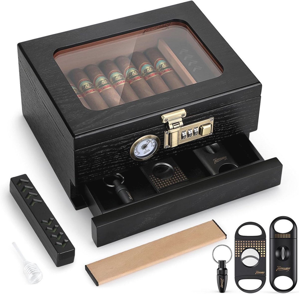Cedar Wood Cigar Humidor with Glass Top and Hygrometer