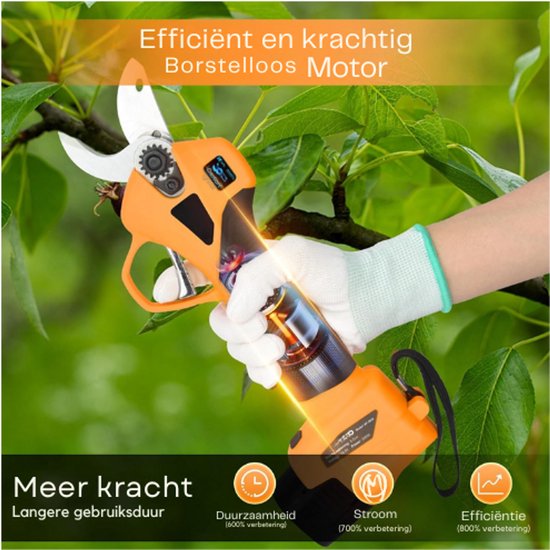 Elektrische snoeischaar, snoeischaar met 2 x 2000 mAh batterijen, schaar 30 mm met licht, takkenschaar met borstelloze motor voor tuinieren, fruitbomen, wijngaard