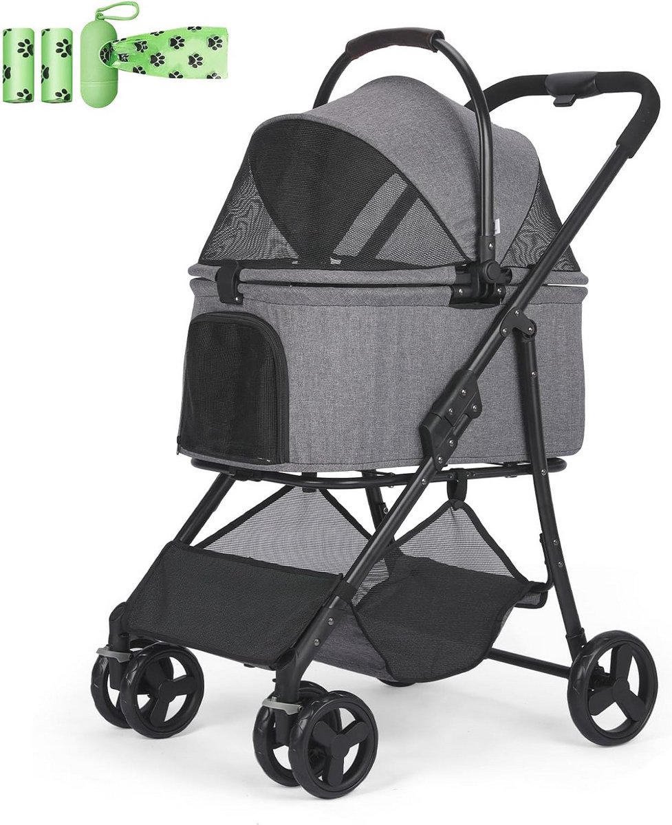 2-in-1 Opvouwbare Hondenkinderwagen met Verwijderbare Mand - Lichtgewicht Puppywagen voor Kleine en Middelgrote Honden en Katten