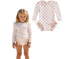 Joya Kids® Badpak Lange Mouw Beige en Wit Geblokt met Ruches Meisjes | Zwempak met ruches UV Badpak Bruin | Zwempak Lange Mouw UV Bescherming Blokjes | Meisje Bikini Zomer | Kinderbadpak Peuter |