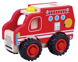 Brandweerauto Hout - Met Rubberen Wielen - Simply for Kids - Klein - 13 cm