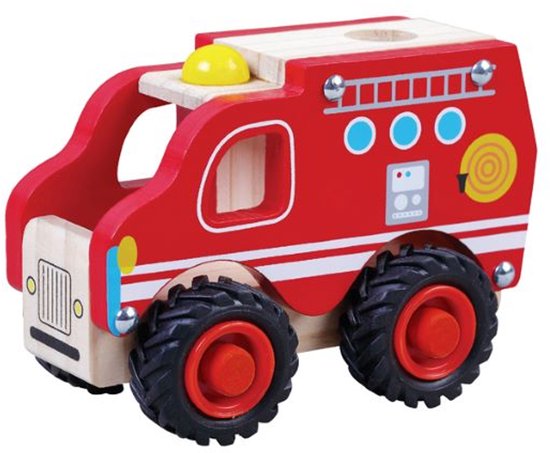 Brandweerauto Hout – Met Rubberen Wielen – Simply for Kids – Klein – 13 cm