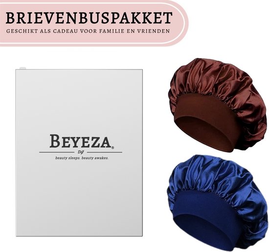 Een geschenkdoos met Beyeza logo en twee satijnen slaapmutsen, bruin en blauw. Tekst: 'Brievenbuspakket'.
