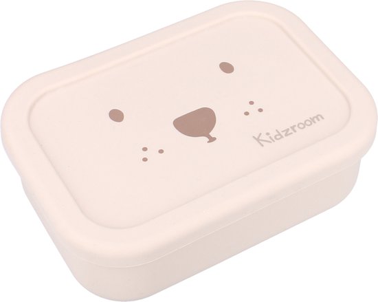 Crèmekleurige lunchbox met teddybeer gezichtje en 'Kidzroom'.