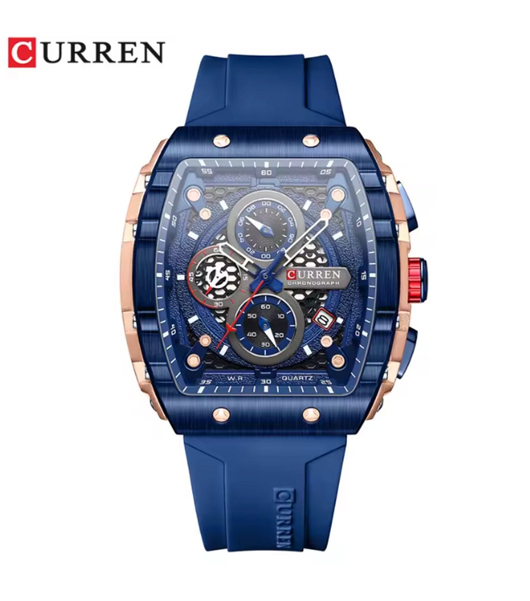 Curren Horloge - Heren - Blauwe Siliconen Band en Blauwe Wijzerplaat - Model 8442 - Sportief en Stijlvol Herenhorloge - Perfect Cadeau