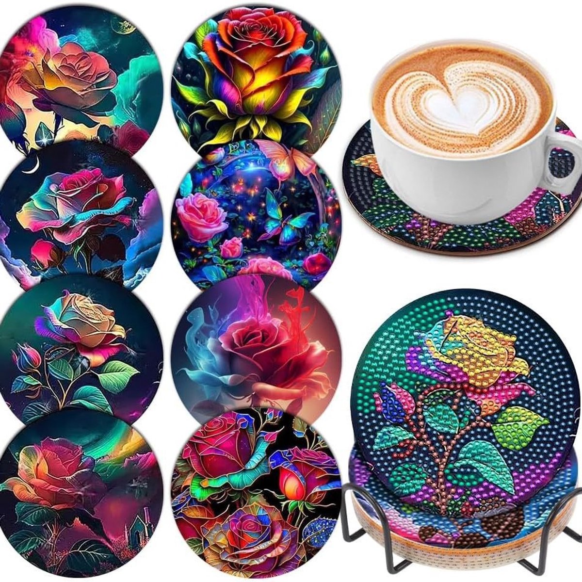 VDTOYS® DIAMOND PAINTING voor volwassenen - roosjes Onderzetters - Coasters - Onderleggers - Ronde steentjes - 8 stuks - Compleet Hobbypakket - set A - Roosjes
