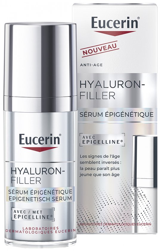 Eucerin Hyaluron-Filler SÉRUM ÉPI-GÉNÉTIQUE, anti-aging serum met een zilveren pompflacon.
