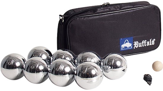 Sept boules de pétanque argentées et une petite boule en bois, avec un sac noir Buffalo.