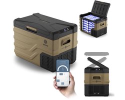 PEME Quest Elektrische Koelbox, 35.3 liter, 12V, 220/230 Volt AC/DC, Compressor Koelbox Aansluiting voor Auto en Camping, Thermo-elektrisch Frigobox - lichtbruin met Bluetooth 5.0 en Mobiele App, LCD-paneel en ECO-functie