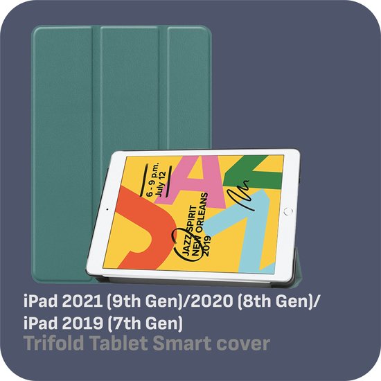 Groene iPad hoes naast een iPad met een kleurrijk scherm, geschikt voor iPad 2019-2021.