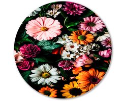 Kleurrijke bloemen en groen decor - Bloemen rond schilderij - Wandobject rond natuur - Realistische kunst - Dibond wandcirkel - Woondecoratie - Muurcirkel aluminium 100x100 cm