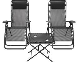 LifeGoods Ligstoelen - Opvouwbaar - Complete set - Met Bijzettafel - 30°-90° Verstelbaar - Tuinstoelen - Metaal - Zwart