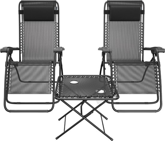 LifeGoods Ligstoelen - Opvouwbaar - Complete set - Met Bijzettafel - 30°-90° Verstelbaar - Tuinstoelen - Metaal - Zwart