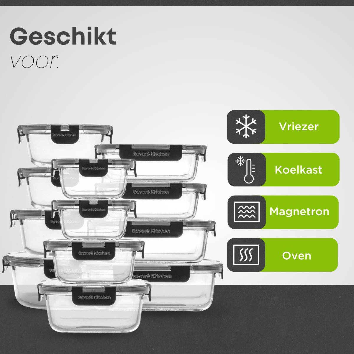 Savoré Kitchen Vershoudbakjes Set - Glas 12 stuks- Luchtdicht - Meal Prep Bakjes – Diepvriesbakjes - Set — afbeelding 3