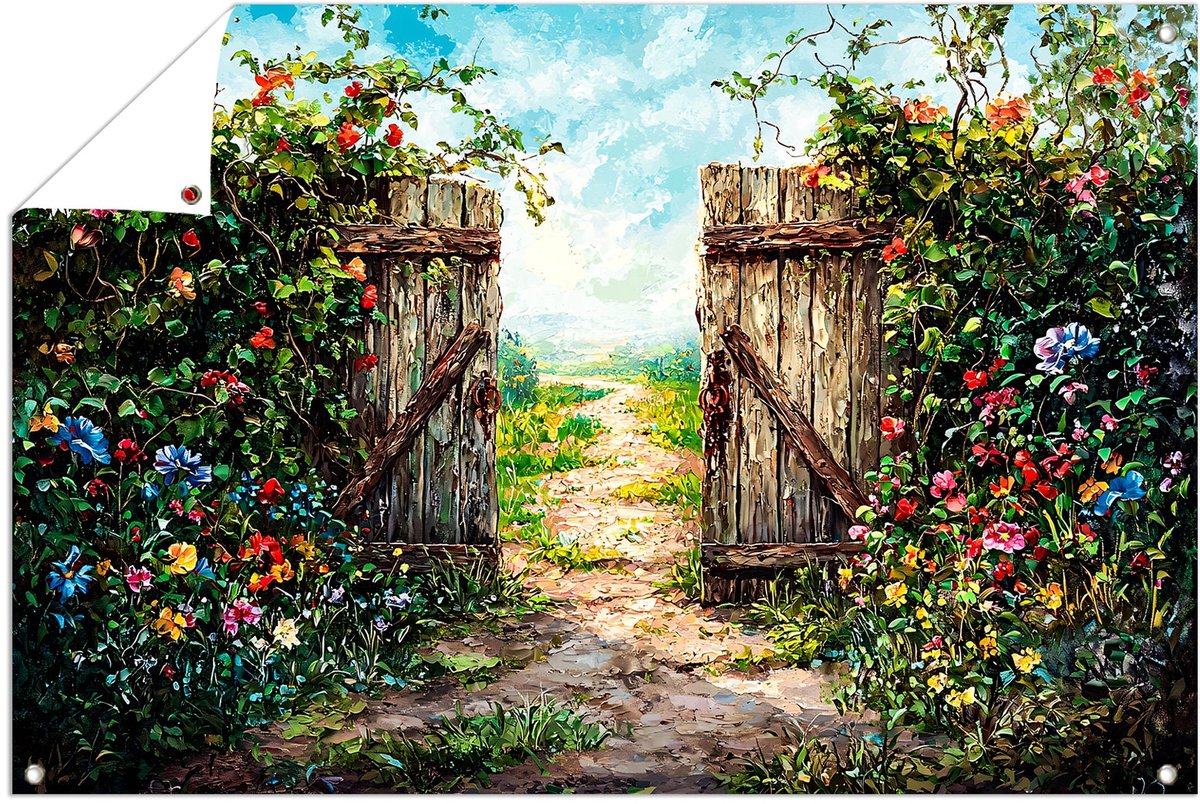 Sfeervolle tuinpoort met bloemen - Tuin tuinposter - Tuinschilderij poort - Impressionisme