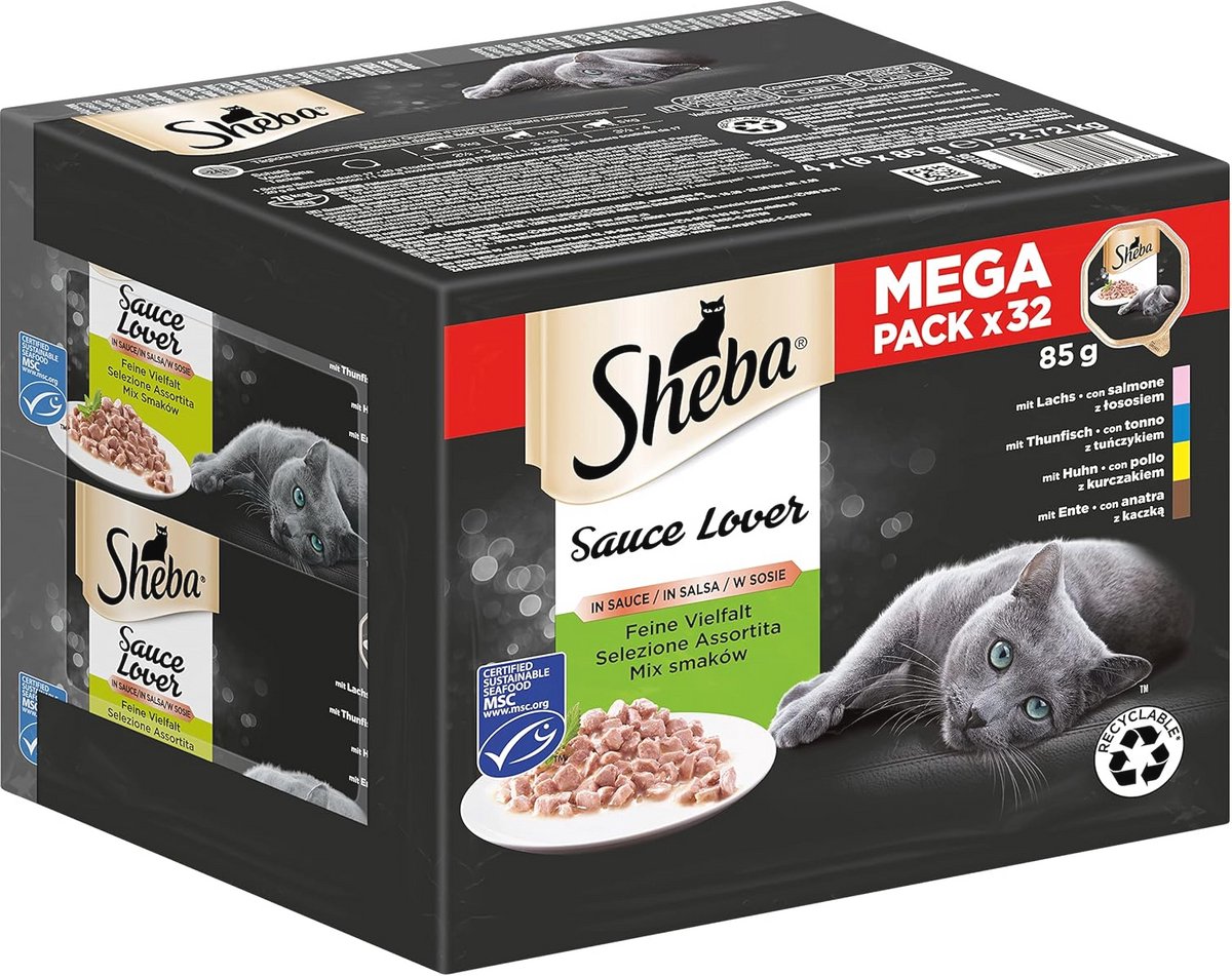 Heerlijke kattenvoeding in saus met zalm, tonijn, kip en eend - 32 x 85g